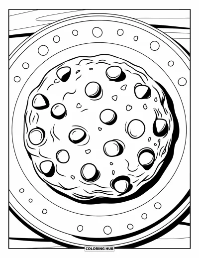 Food Coloring Page for Kids: Big cookie with spaced chips on a plate and dotted accents