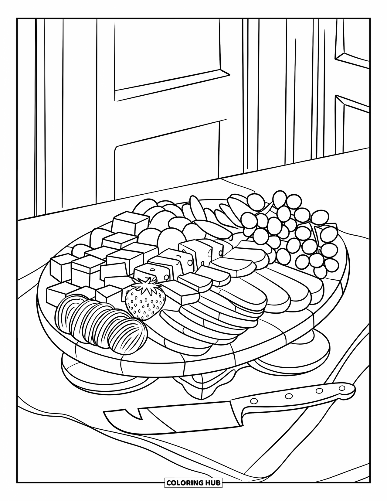 Kleurplaat Eten voor Kinderen: Plank met kaasblokjes, fruit, crackers en een mes aan de zijkant
