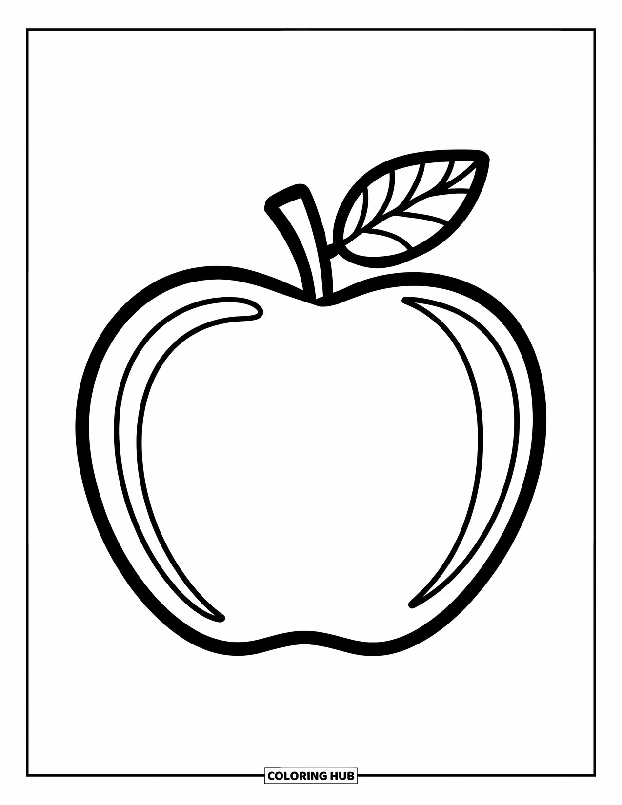 Kleurplaat Eten voor Kinderen: Appel met duidelijke lijnen, één blad en een schattige uitstraling