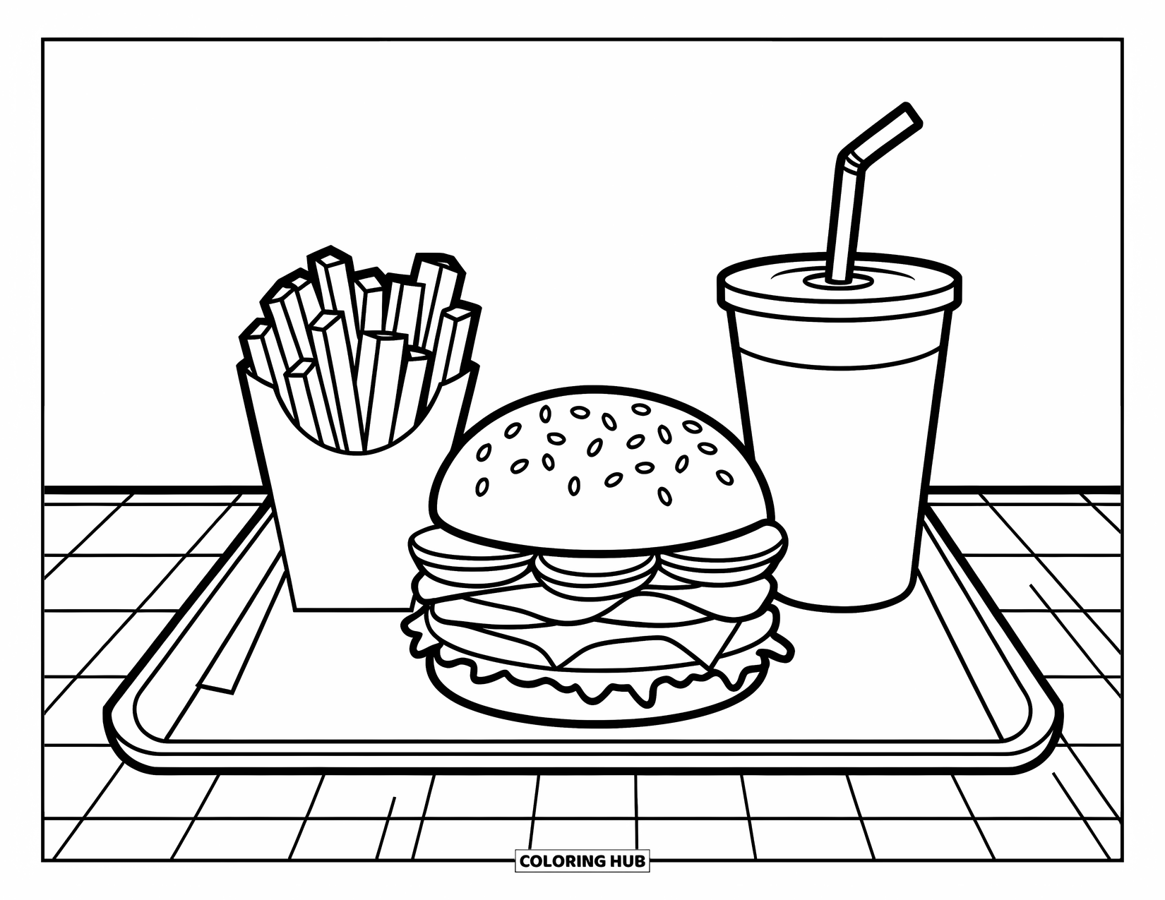 Kleurplaat Eten voor Kinderen: Burger, frietjes en een drankje geserveerd op een dienblad met een geruite tafel