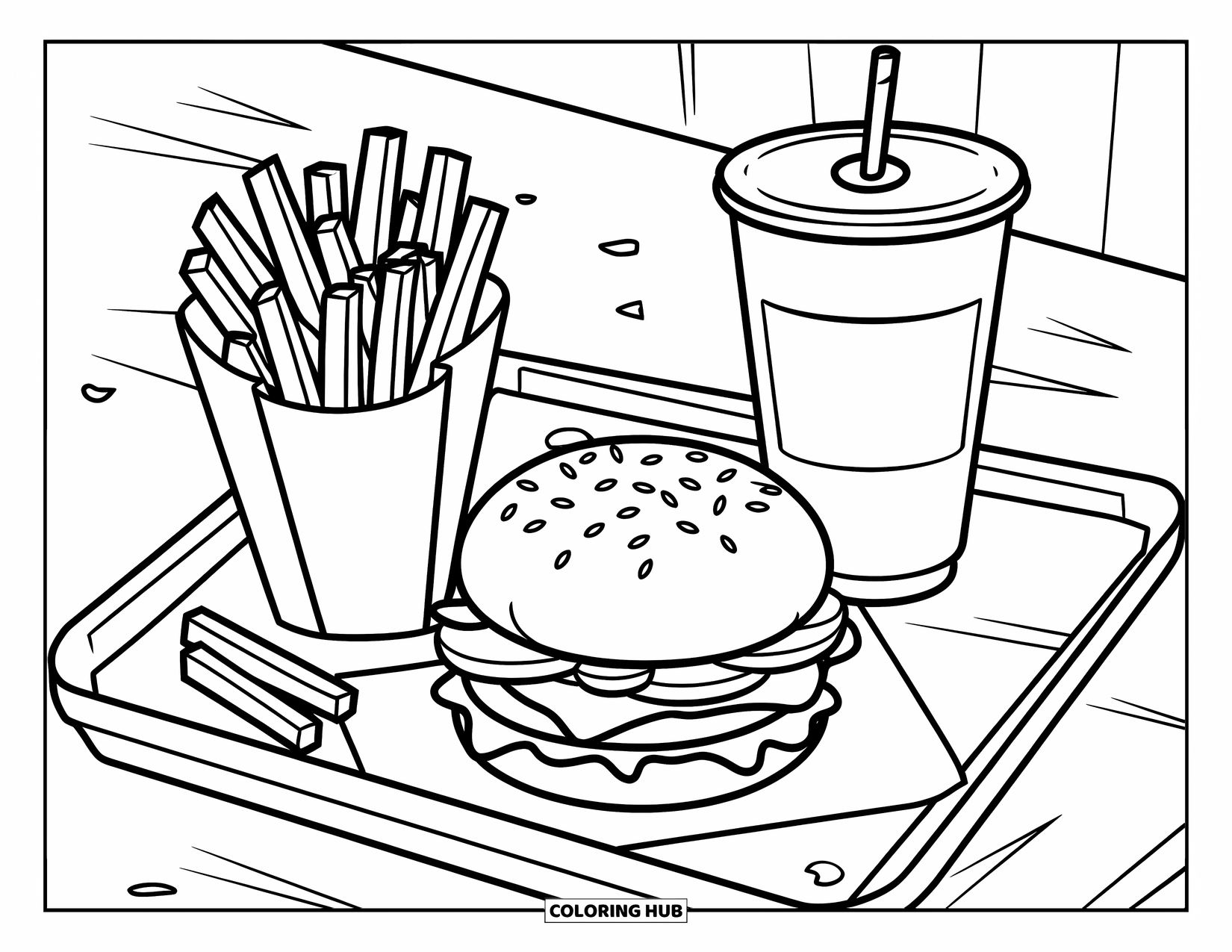 Eten Kleurplaat voor Kinderen: Burgermenu met friet en drinken op een dienblad met een paar kruimels