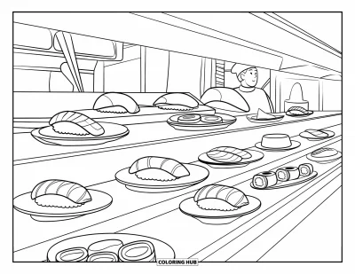 Food Coloring Page for Kids: Busy sushi belt with rolls, sashimi, and a chef at work