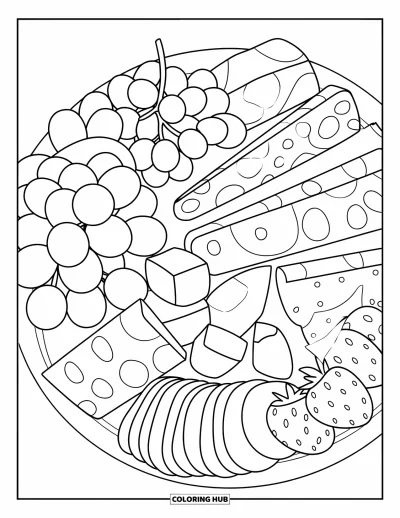 Food Coloring Page for Kids: Charcuterie board with meats, cheese, fruits, and crackers neatly arranged