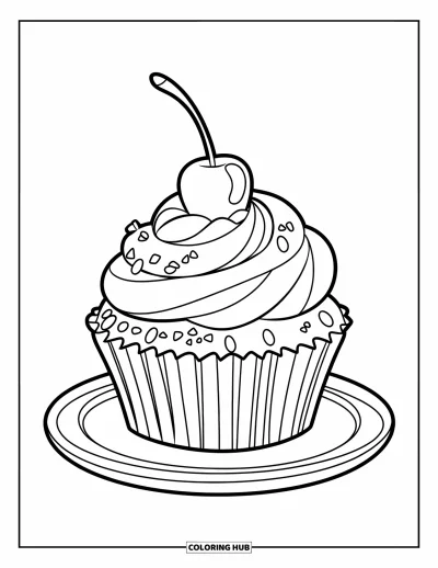 Food Coloring Page for Kids: Cherry-topped cupcake with sugar sprinkles on a white plate