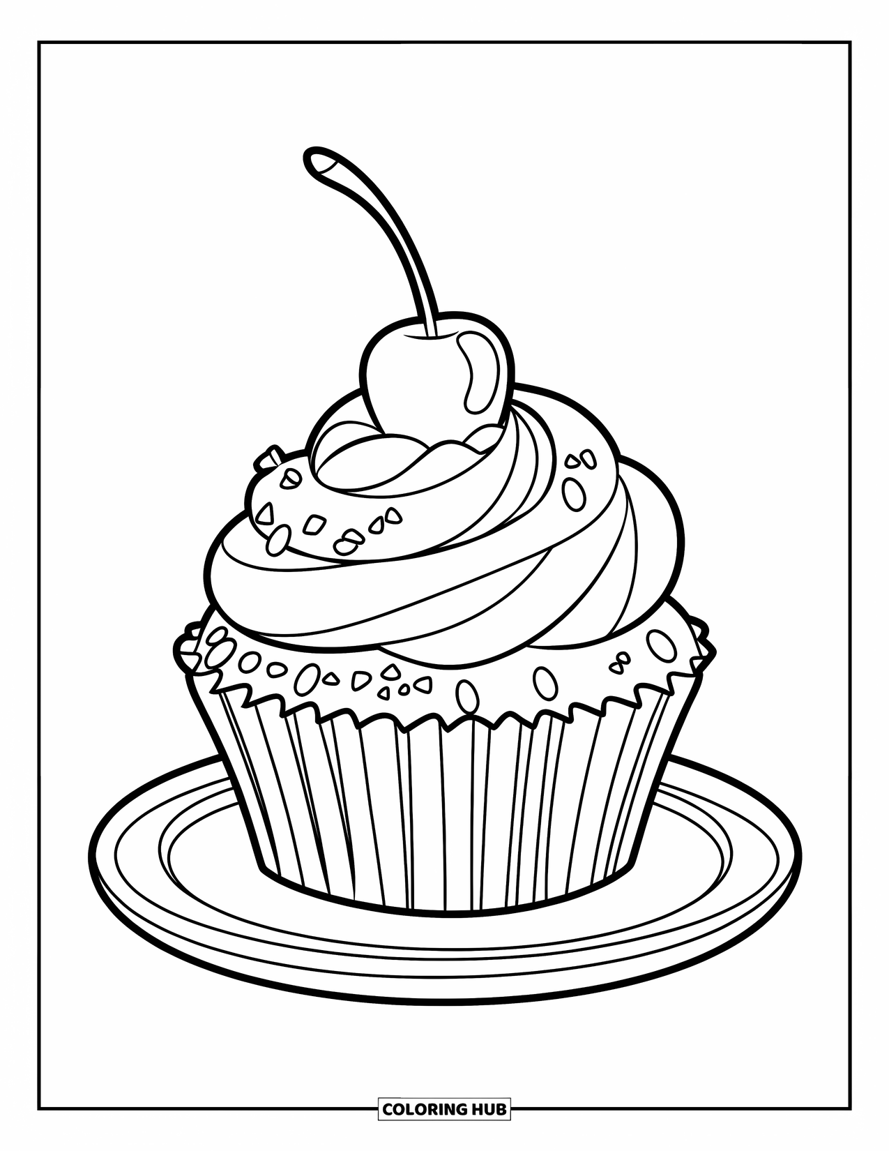 Kleurplaat Eten voor Kinderen: Met kersen gegarneerde cupcake met suikerspikkels op een wit bord
