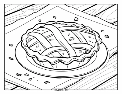 Food Coloring Page for Kids: Classic pie on a wooden table with a few crumbs