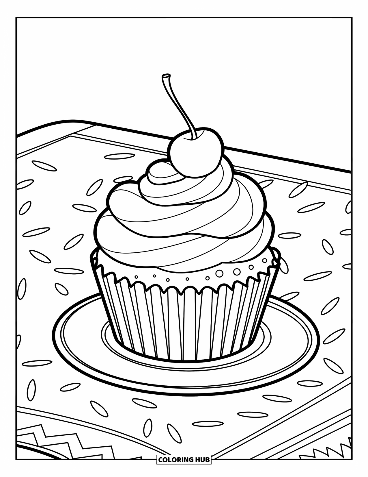 Kleurplaat Eten voor Kinderen: Cupcake op een tafel met spikkels en een wervelende bovenkant