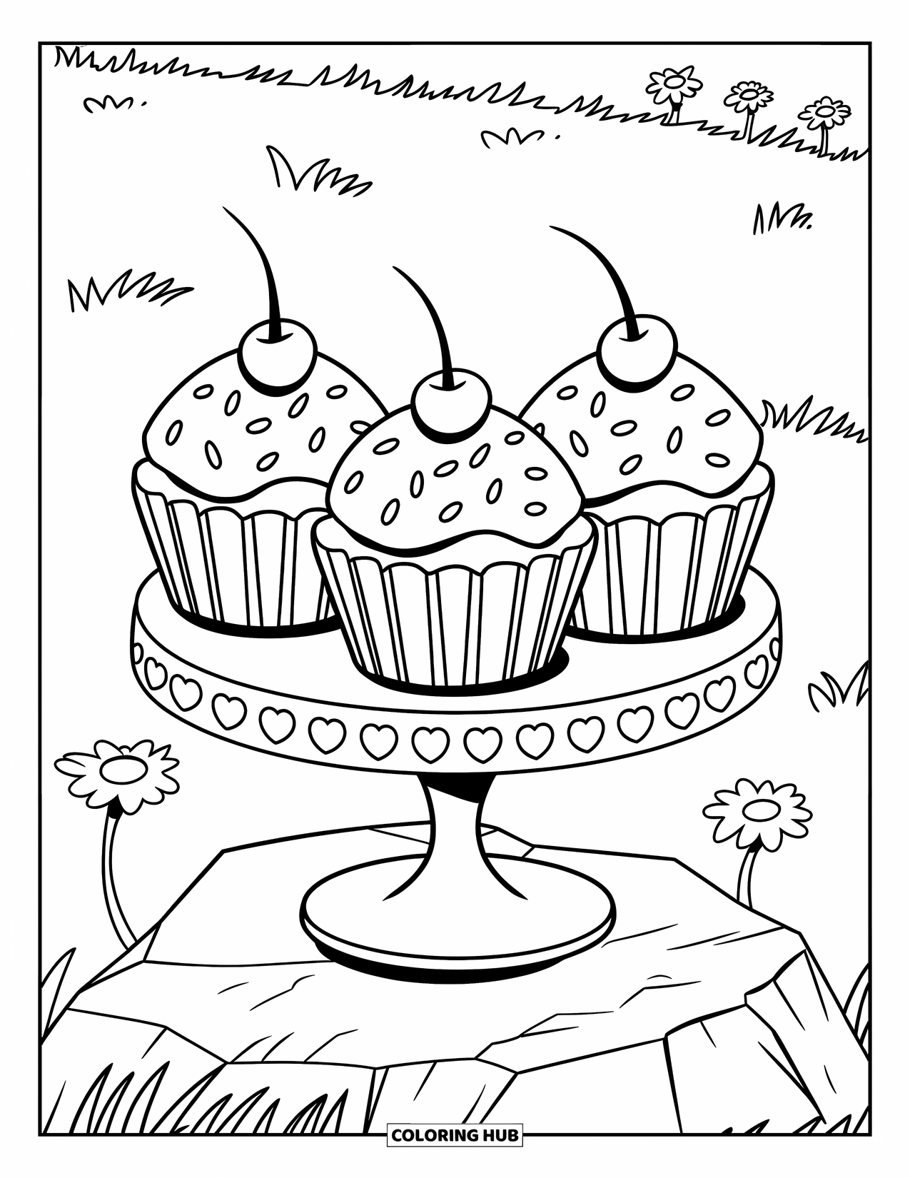 Kleurplaat Eten voor Kinderen: Cupcakestandaard op gras met kersen, spikkels en bloemdetails