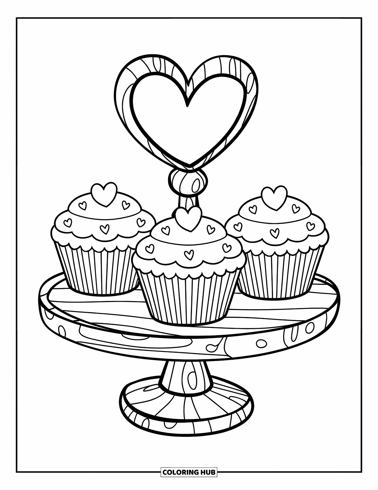 Kleurplaat Eten voor Kinderen: Cupcakestandaard met drie met harten versierde cupcakes en een houten hart topper
