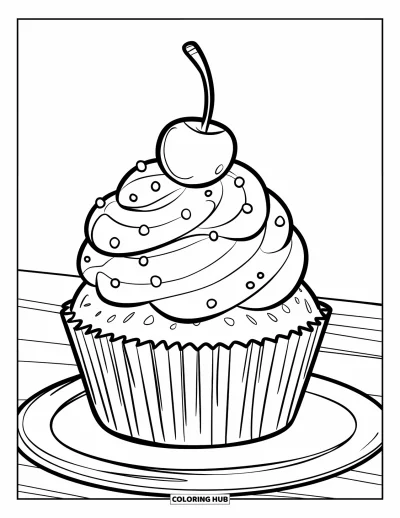Food Coloring Page for Kids: Cupcake with a big swirl of frosting and a cherry on top