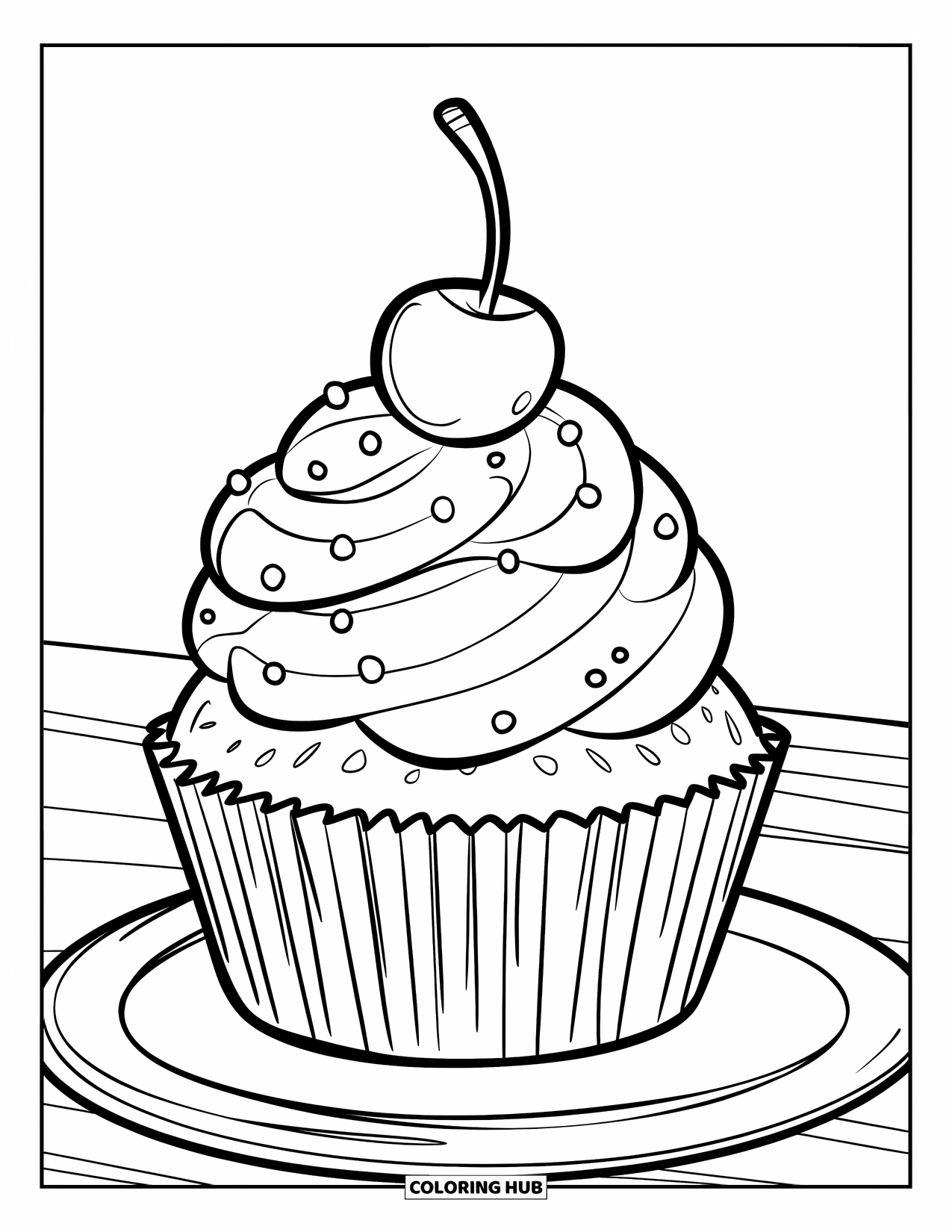 Kleurplaat Eten voor Kinderen: Cupcake met een grote swirl van glazuur en een kers erop