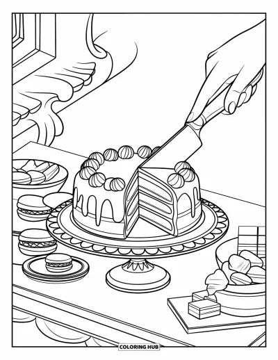 Food Coloring Page for Kids: Decorated cake surrounded by treats like macarons and chocolate bars