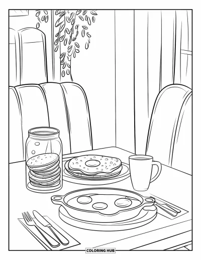 Food Coloring Page for Kids: Diner breakfast with pancakes, skillet eggs, and a sunny window view