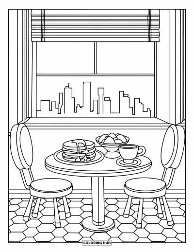 Food Coloring Page for Kids: Diner table set with pancakes, eggs, and hot coffee