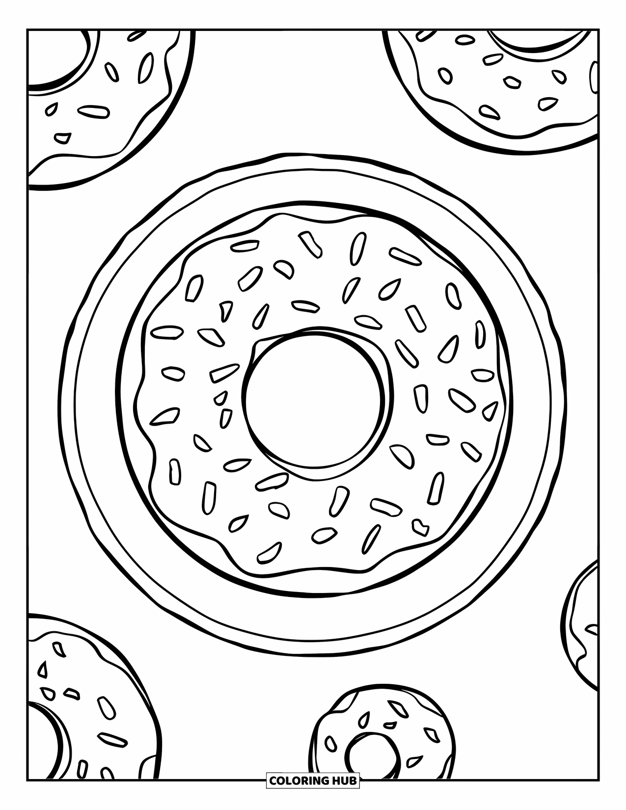 Kleurplaat Eten voor Kinderen: Donut met kleine spikkelcirkels en een strakke omlijning