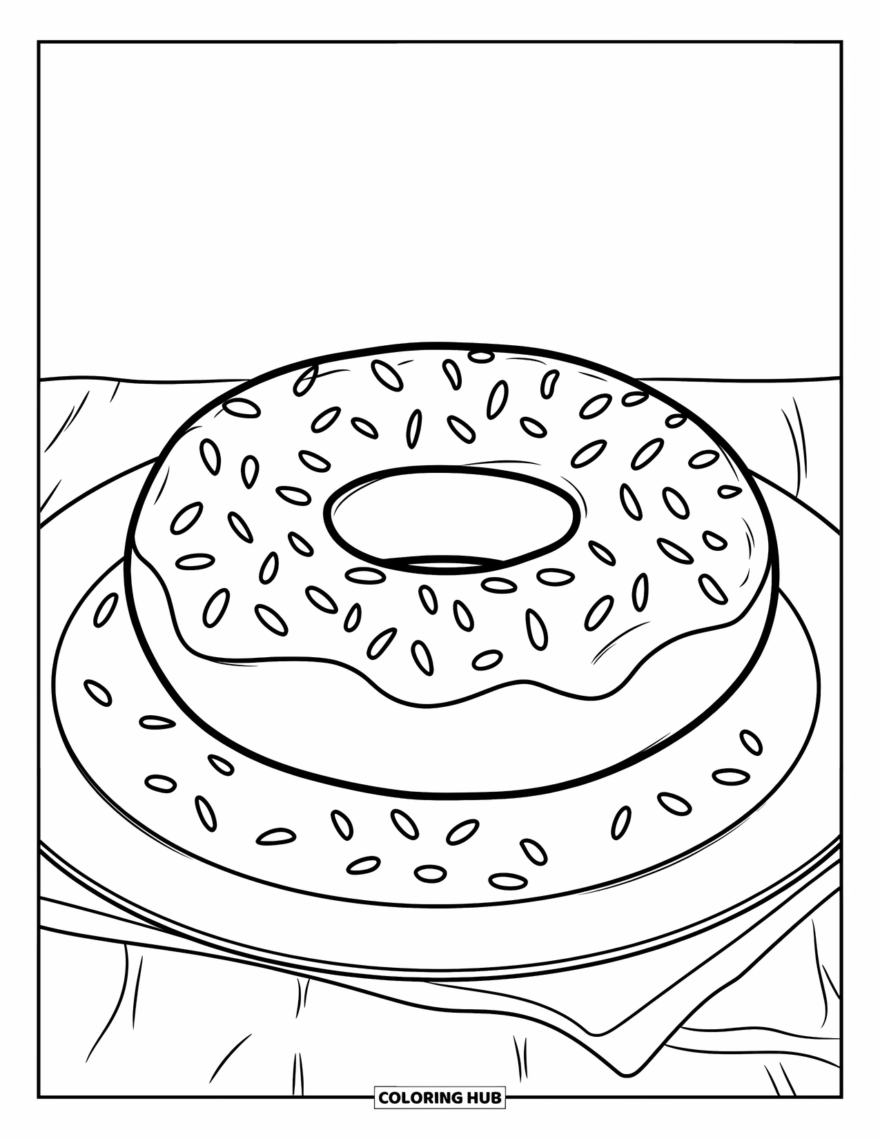 Kleurplaat Eten voor Kinderen: Donut met verspreide spikkels en een eenvoudig bord