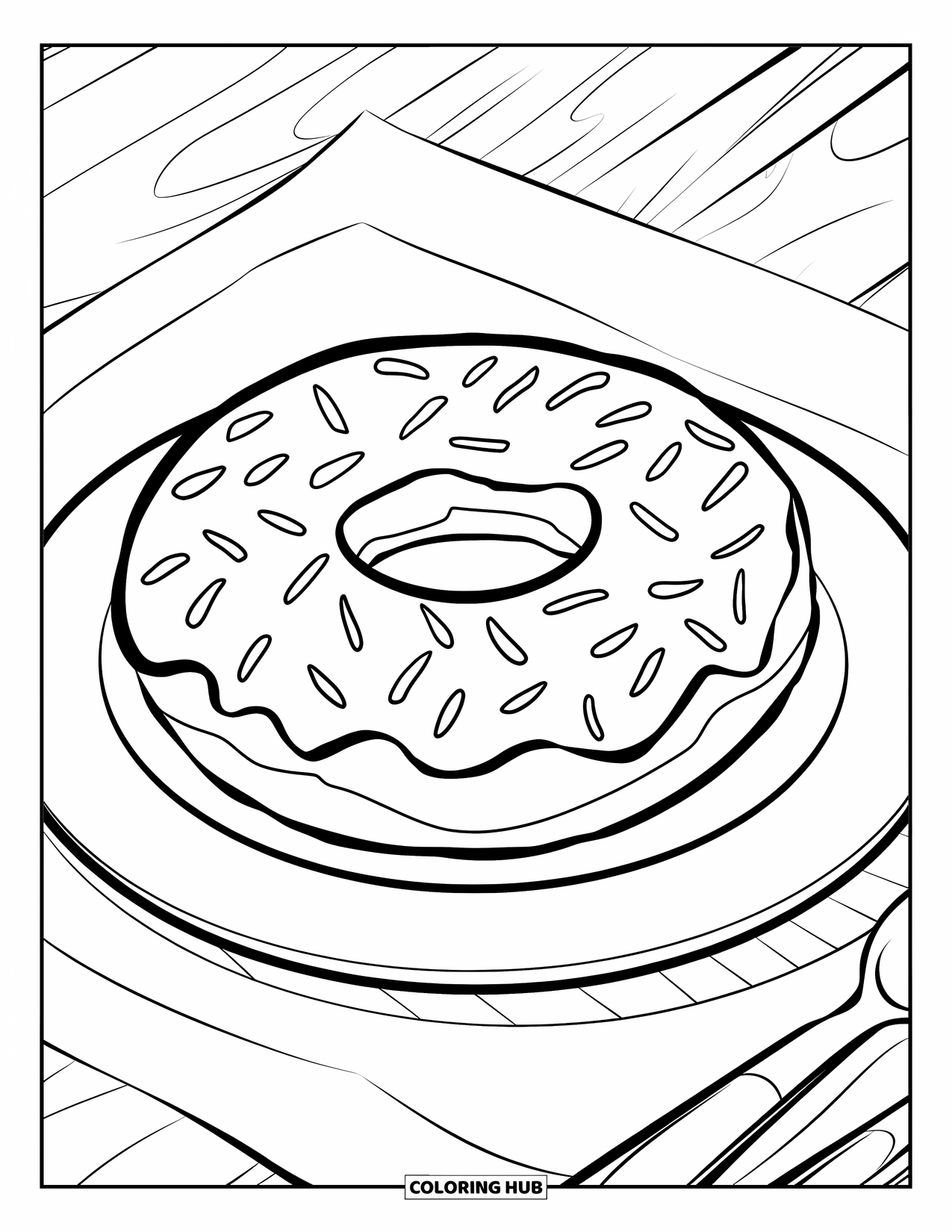 Kleurplaat Eten voor Kinderen: Donut met spikkels en bestek op een houten tafel