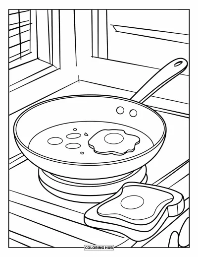 Food Coloring Page for Kids: Egg and toast sizzling in a pan in a sunny kitchen