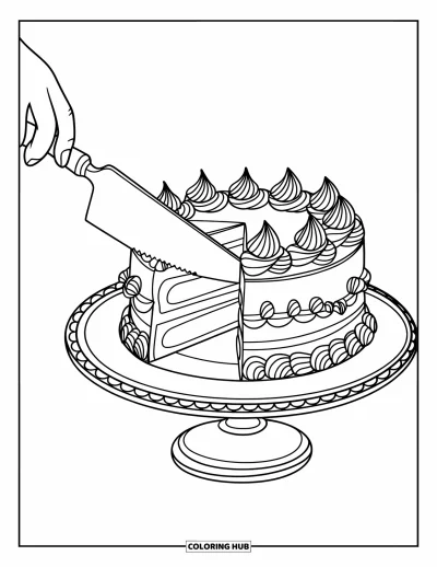 Food Coloring Page for Kids: Fancy cake being sliced on a decorated plate with layers and frosting