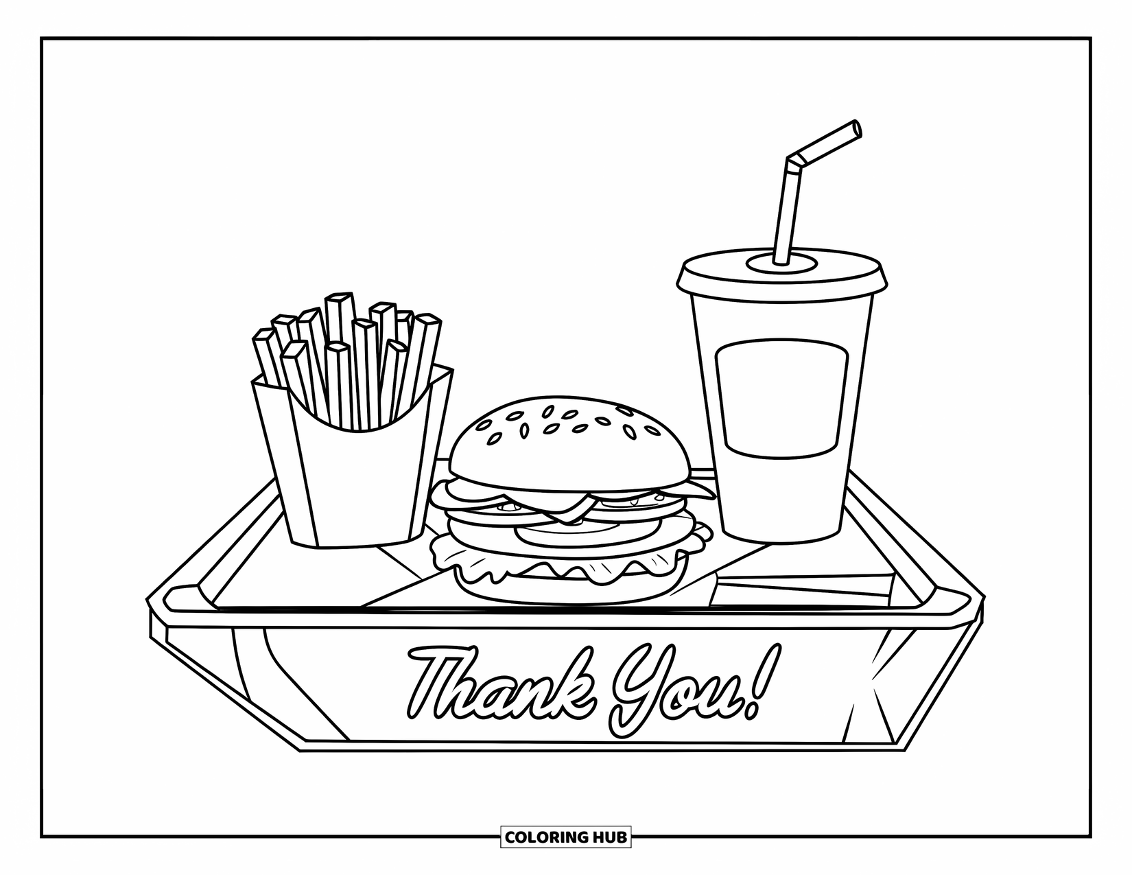 Kleurplaat Eten voor Kinderen: Fastfooddienblad met burger, frietjes, drinken en een vriendelijk bedankbriefje