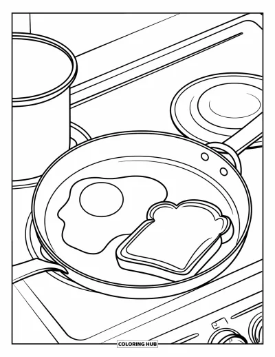 Food Coloring Page for Kids: Fried egg and toast beside a pot on a stove