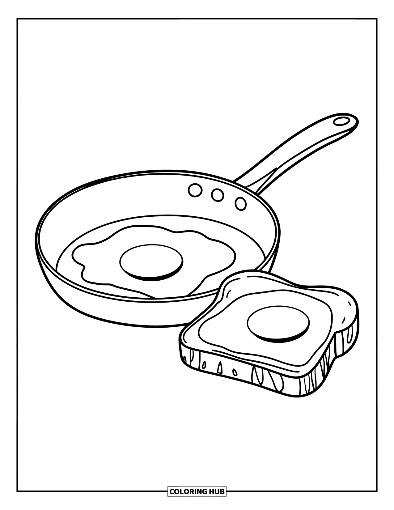 Kleurplaat Eten voor Kinderen: Gebakken ei en toast koken naast een pan op een schoon fornuis