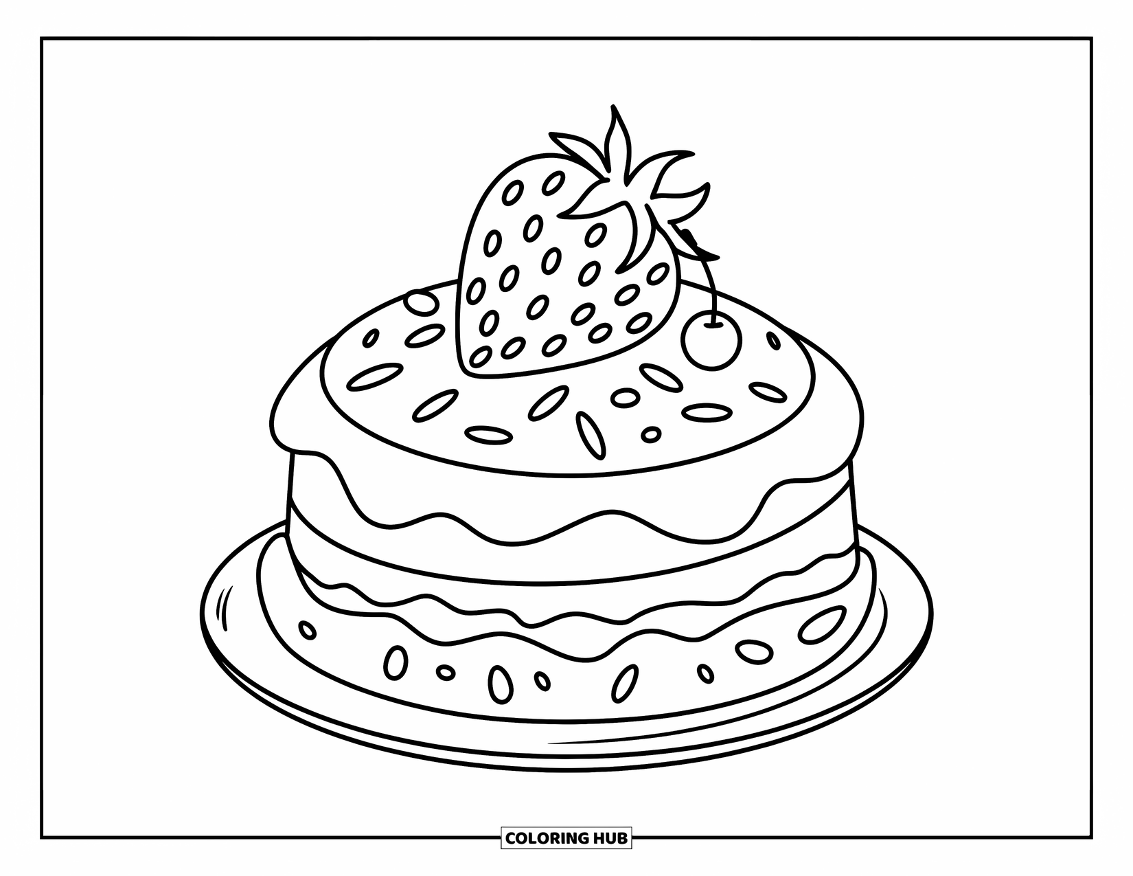 Kleurplaat Eten voor Kinderen: Geglazuurd biscuitgebak gegarneerd met spikkels, een kers en een aardbei