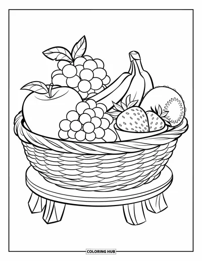 Food Coloring Page for Kids: Fruit basket filled with apple, banana, grapes, kiwi, and strawberries