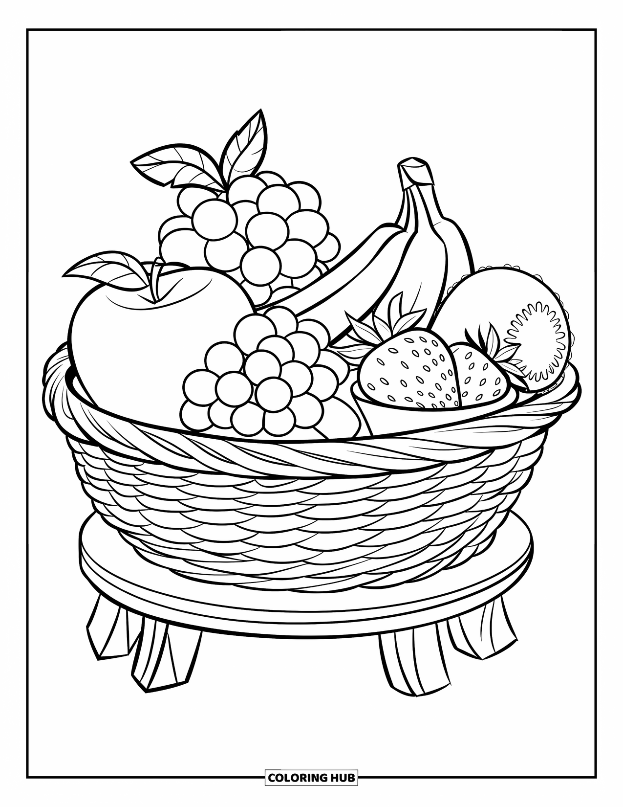 Kleurplaat Eten voor Kinderen: Fruitmand gevuld met appel, banaan, druiven, kiwi en aardbeien