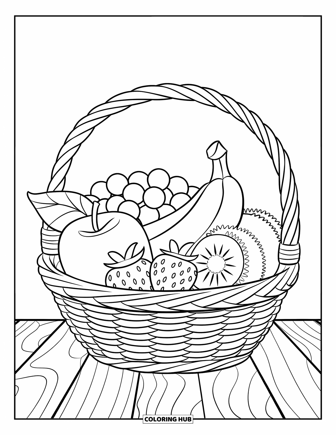 Kleurplaat Eten voor Kinderen: Fruitmand met smakelijke variatie op een houten oppervlak
