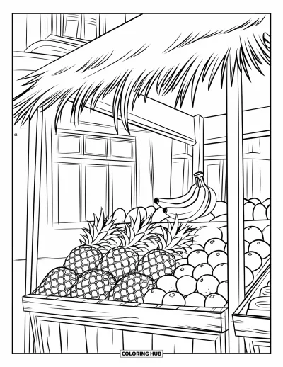 Food Coloring Page for Kids: Fruit market stall with stacked pineapples, oranges, and wooden frame