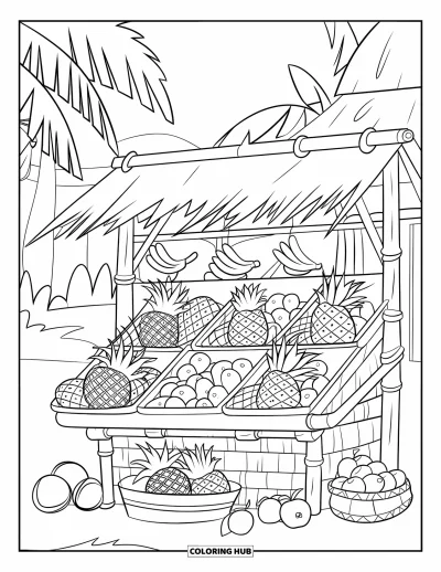 Food Coloring Page for Kids: Fruit stall with pineapples, bananas, and a thatched roof