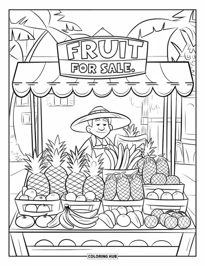 Food Coloring Page for Kids: Fruit vendor in a hat selling tropical fruits under palm trees