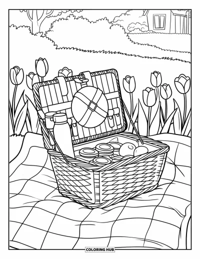 Food Coloring Page for Kids: Garden picnic with an open basket full of food near a cozy cottage