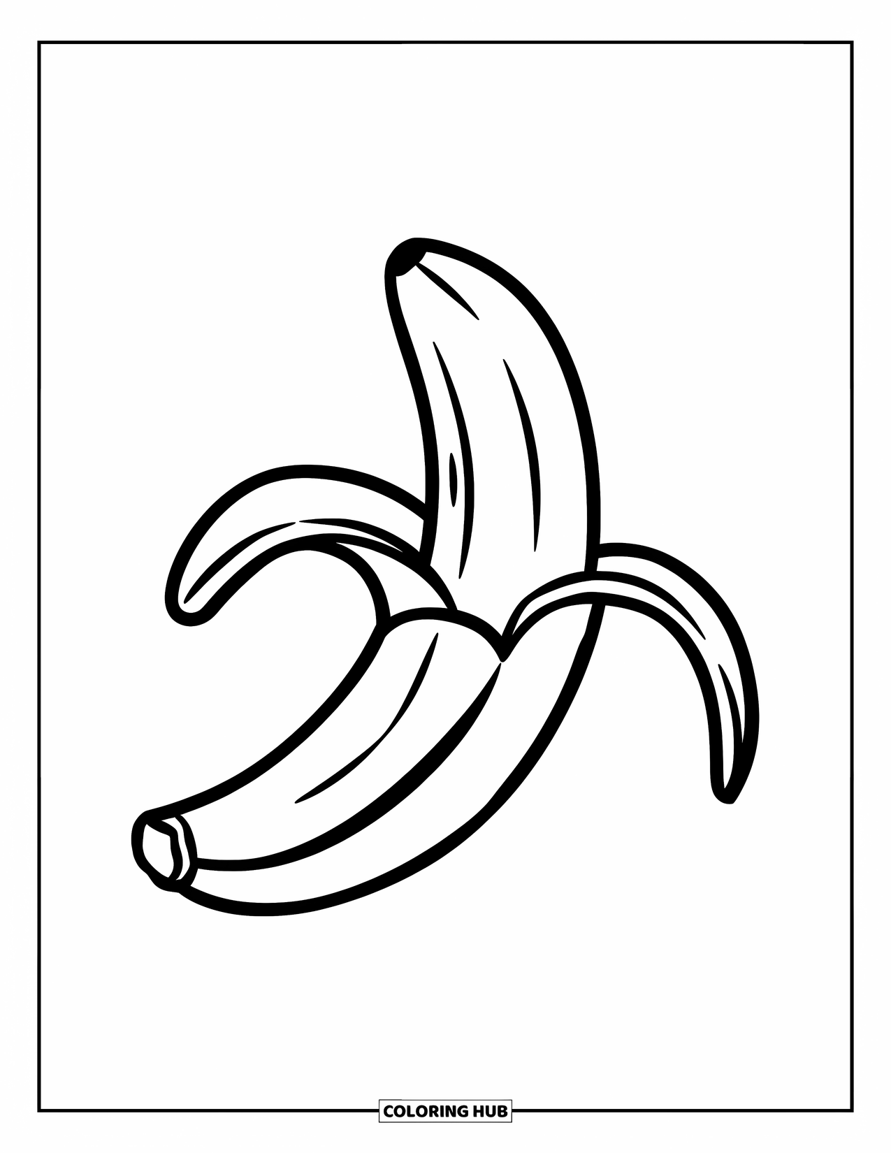 Kleurplaat Eten voor Kinderen: Half geschilde banaan met duidelijke lijnen op een schone achtergrond