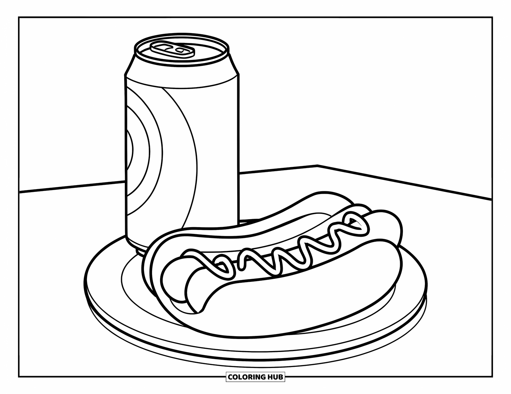 Kleurplaat Eten voor Kinderen: Hotdog en frisdrank geserveerd op een bord aan een eenvoudige tafel