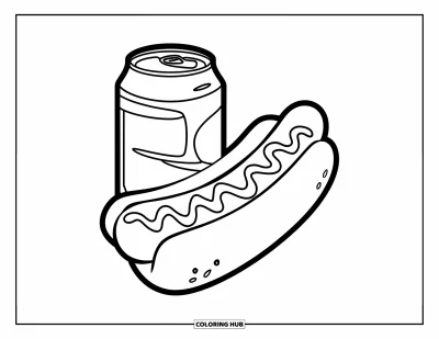 Food Coloring Page for Kids: Hotdog with ketchup and mustard beside a soda can