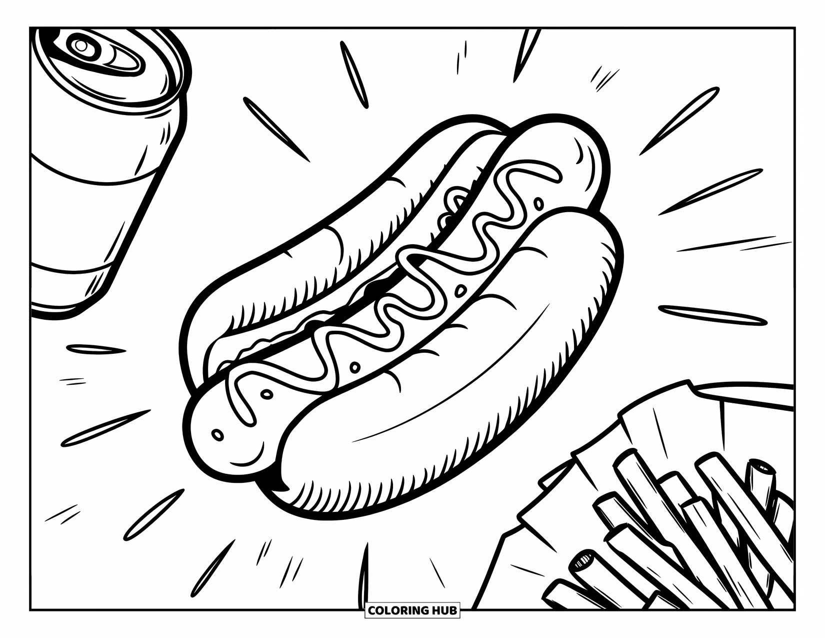 Kleurplaat Eten voor Kinderen: Hotdog met frisdrank en frietjes omringd door stralende gekartelde lijnen