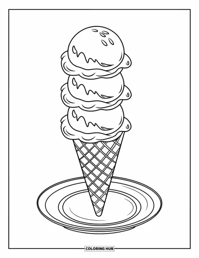 Food Coloring Page for Kids: Ice cream cone with three scoops on a white plate