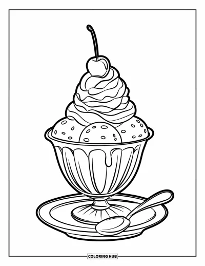 Food Coloring Page for Kids: Ice cream sundae in a bowl with a cherry and spoon nearby