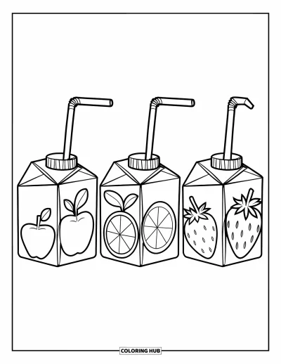 Food Coloring Page for Kids: Juice boxes with apple, orange, and strawberry drawings in a fun row