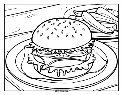 Food Coloring Page for Kids: Juicy burger with melted cheese, lettuce, tomato, and fries on the side