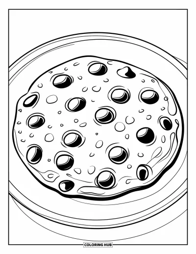 Food Coloring Page for Kids: Large chocolate chip cookie on a plate with sugar sprinkled on top