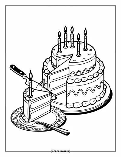 Food Coloring Page for Kids: Layered cake with candles being sliced on a fancy plate
