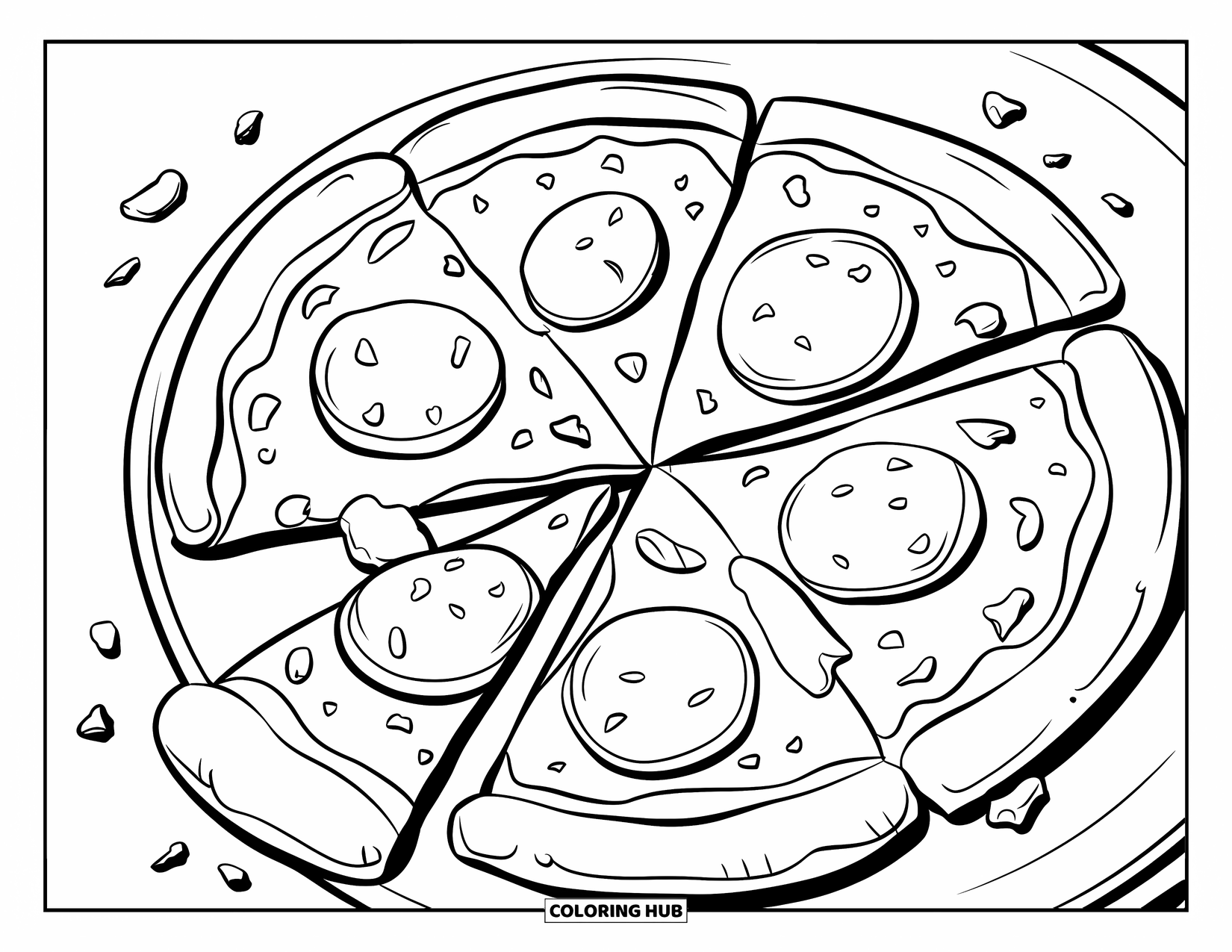 Kleurplaat Eten voor Kinderen: Gesmolten, kazige pizzapunt met pepperoni en kruimeldetails
