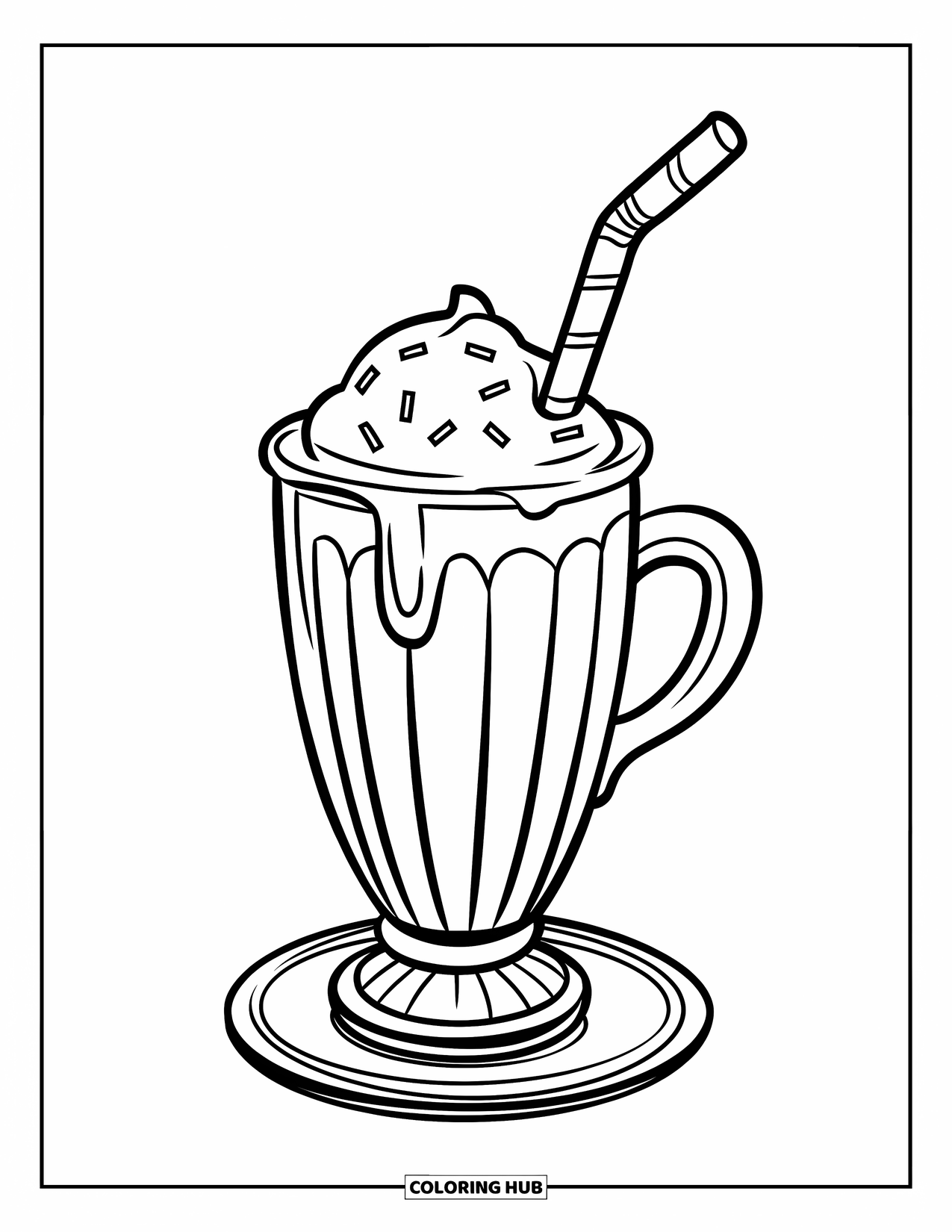 Kleurplaat Eten voor Kinderen: Milkshake in een schattig kopje met een gebogen rietje op een schotel