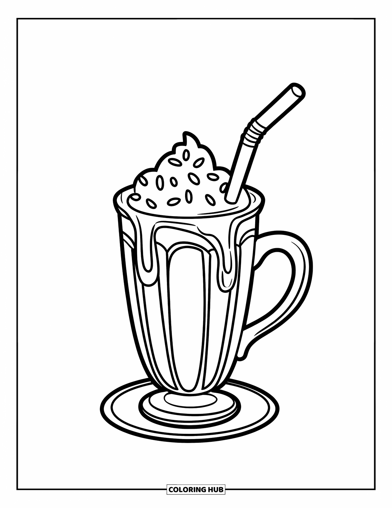 Kleurplaat Eten voor Kinderen: Milkshake in een lange beker met een buigbaar rietje en spikkels erop