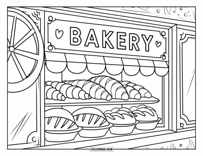 Food Coloring Page for Kids: Pastry-filled bakery window with hearts and wheels as decor
