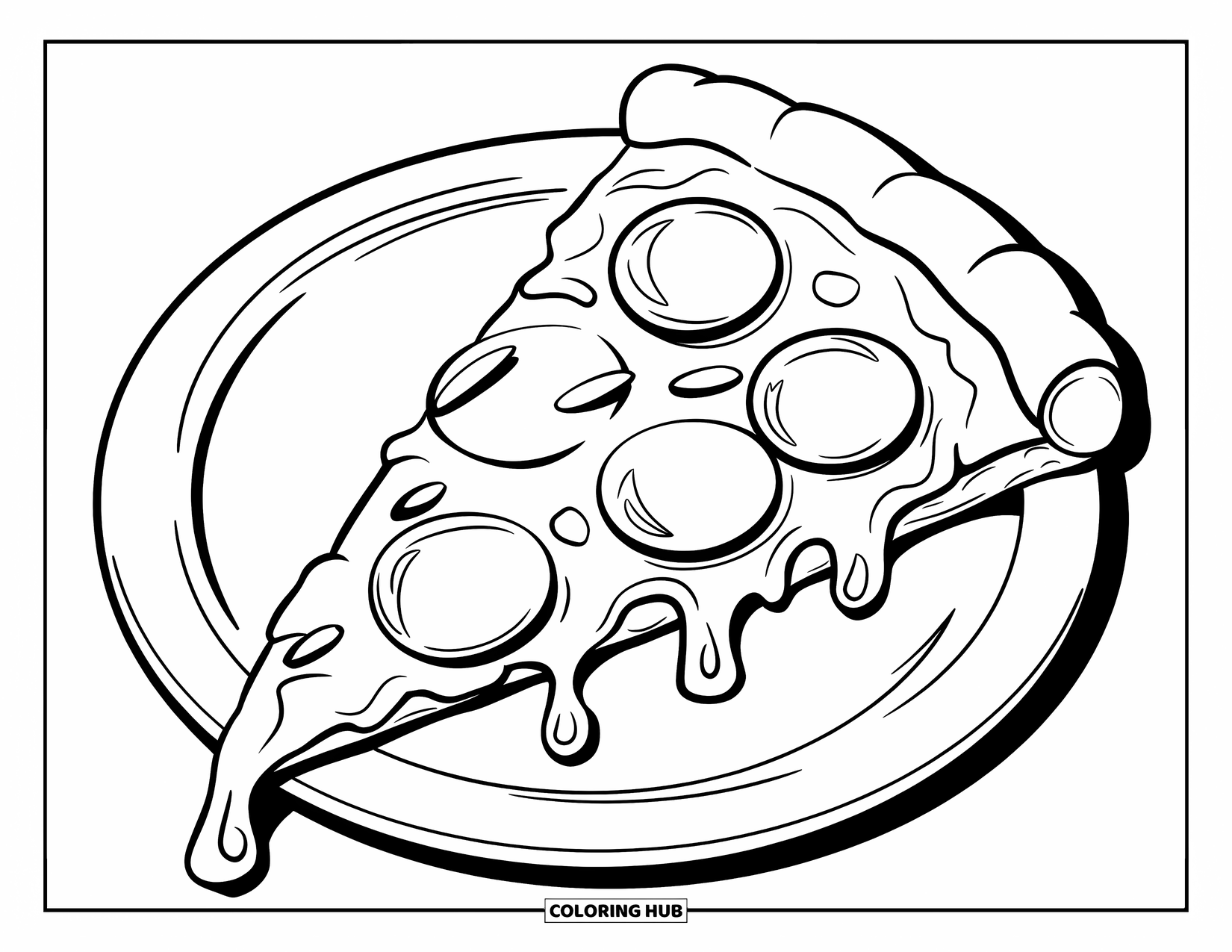 Kleurplaat Eten voor Kinderen: Pepperoni pizzapunt op een bord met duidelijke omlijningen