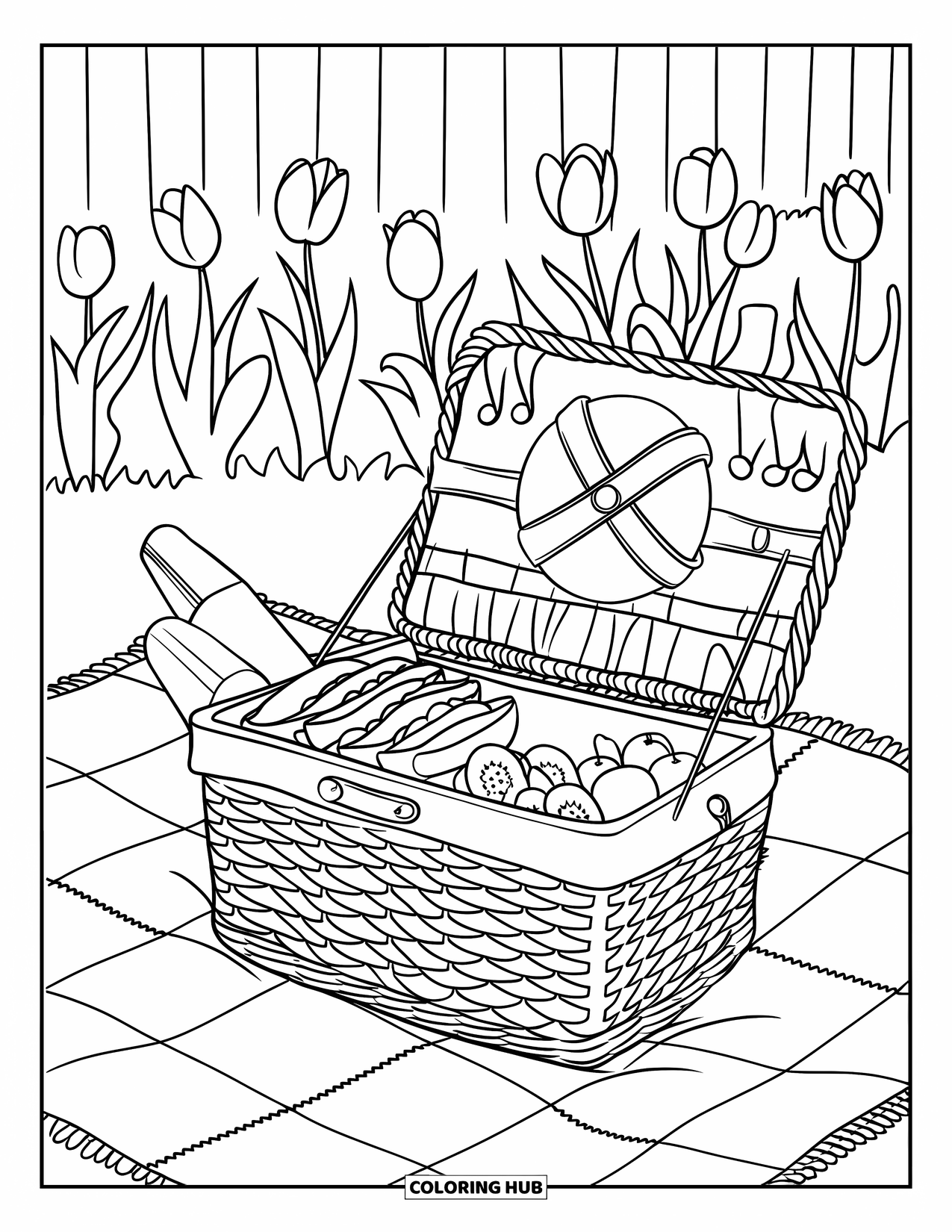 Kleurplaat Eten voor Kinderen: Picknickmand met sandwiches en fruit op een deken in een tulpenveld